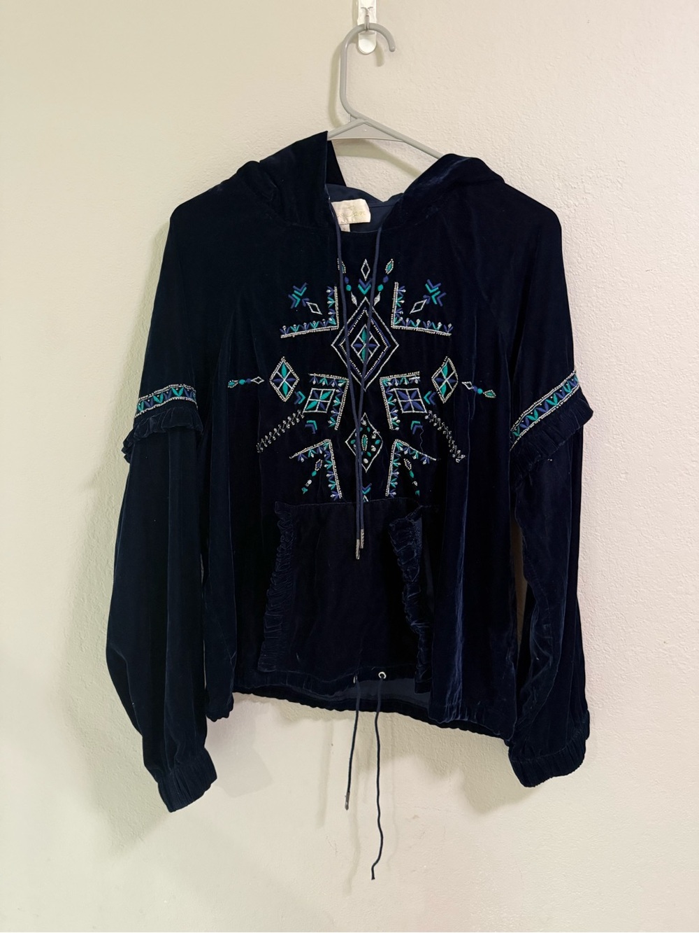 Love Sam Velvet Embroidered Hoodie Navy Boho Top Size S